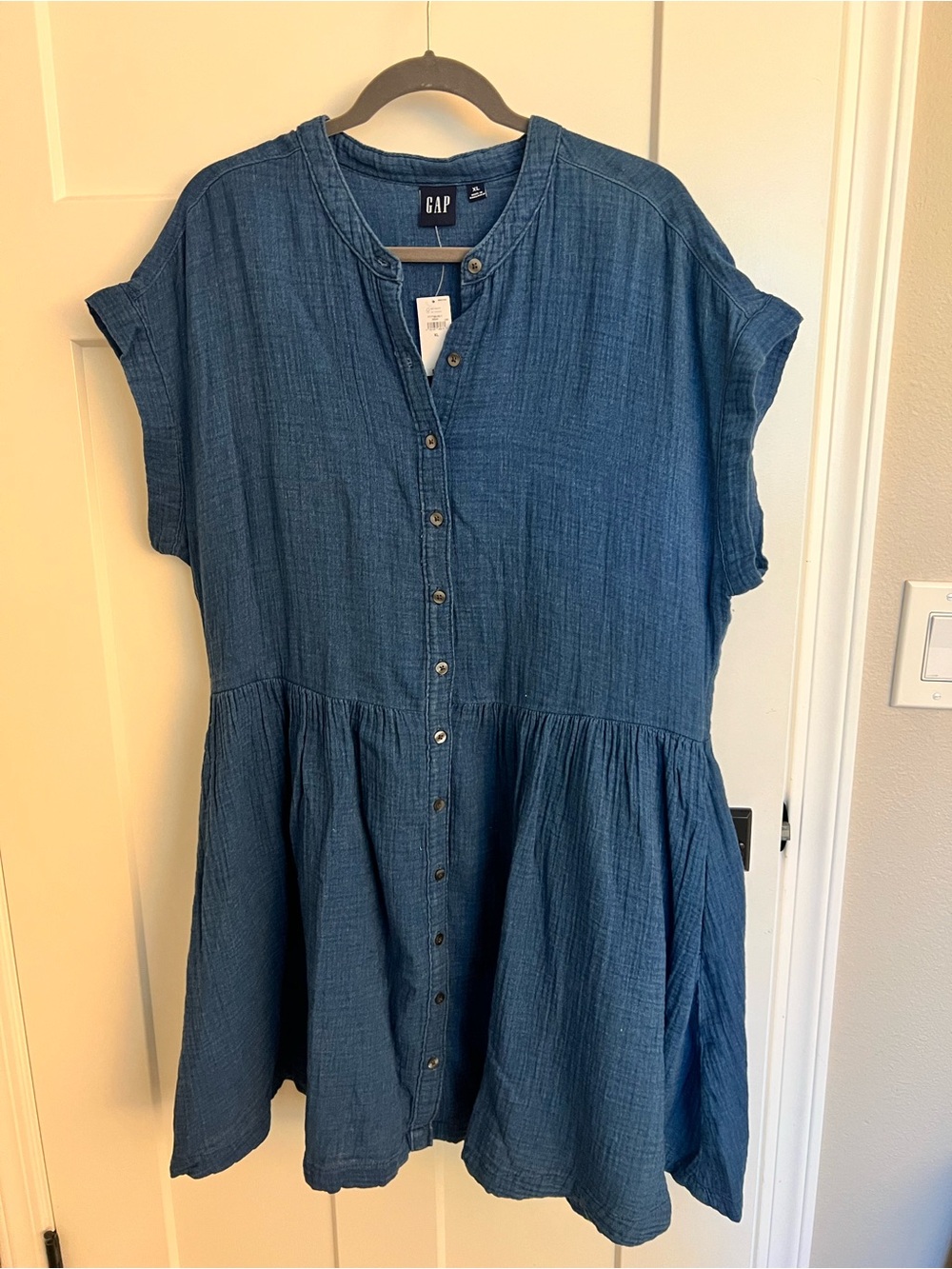 NWT GAP Blue Button-Front Short Sleeve Dress 100% Cotton